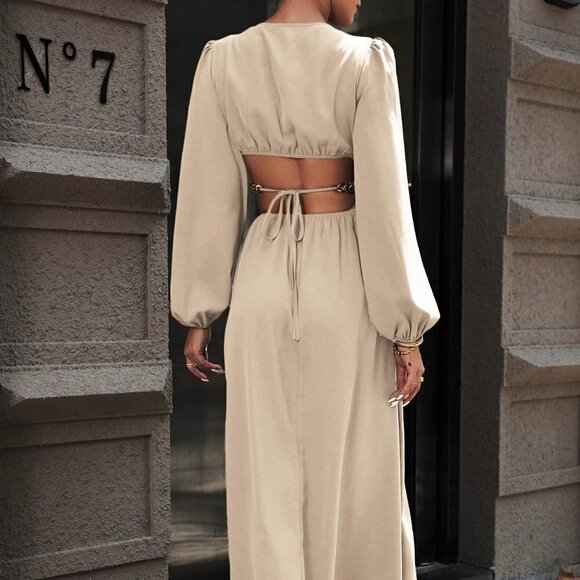 Apricot Preppy Womens Cut Out Waist Plunging Neck Lantern Sleeve Split Thi… - Picture 2 of 5